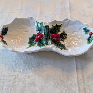 VTG 70s Lefton Japan White Ceramic Sectional Candy Nut Dish Holly & Berries
